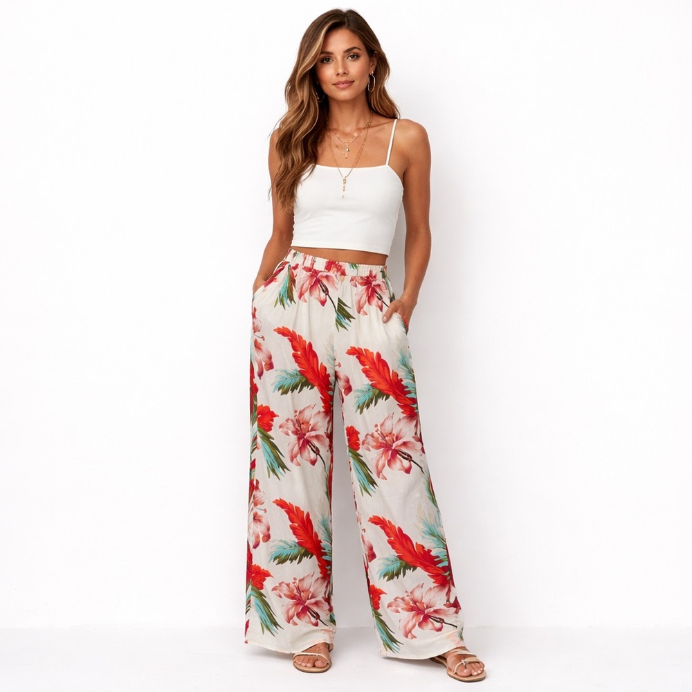 St Tropez Tropical Print Wide Leg Flowy Pants Small Hawaii